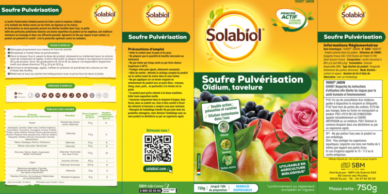 SOUFRE Pulvérisation Solabiol en 750 gr